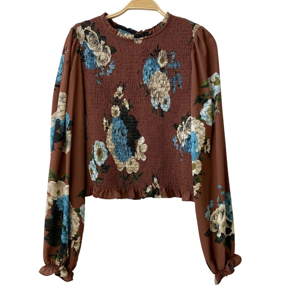 Cottagcore Floral Smocked Floral Blouse Women L Brown Ruffle Sleeve Boho Prairie
